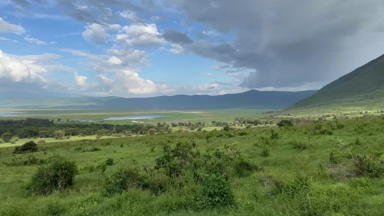 View of the Ngorongoro Crater from a moving car. Tanzania.