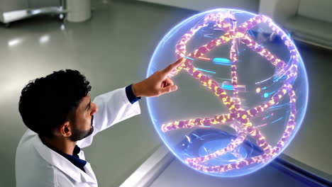 scientist interacting with a holographic dna model