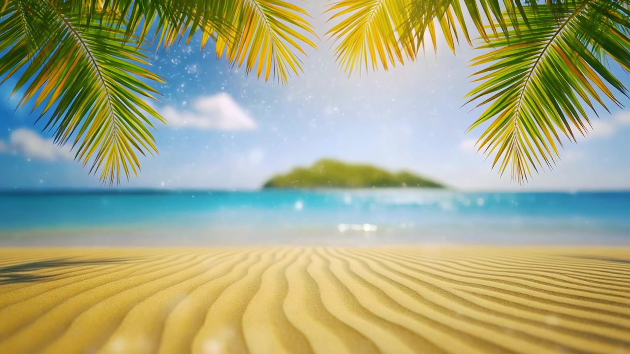 Tropical Beach Scene with Palm Leaves and Sparkling Ocean