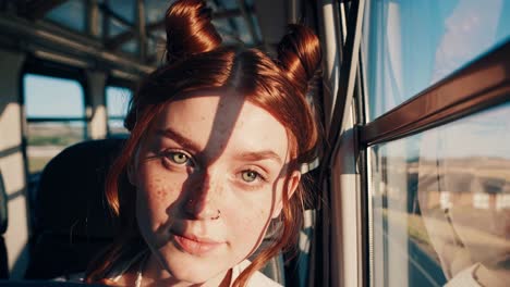 sunlight illuminates the face of a young woman with freckles and space buns as she travels on a bus, gazing out the window at the passing scenery