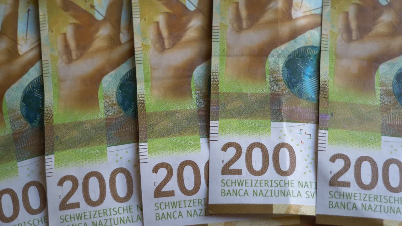 스위스 화폐의 클로즈업  200 chf, 세부 지폐