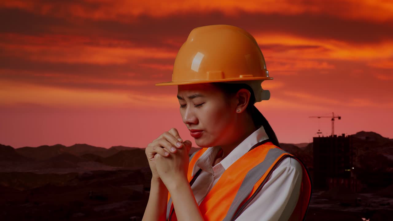 일몰 때 기도 하는 건설 노동자