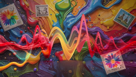 vibrant abstract waveform amidst colorful paint splashes
