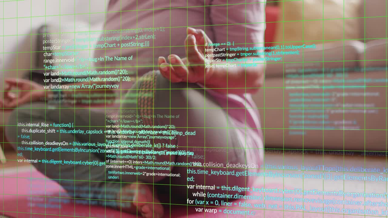 Senior woman meditating on pink mat in room, morning light activating tech code grid on hands