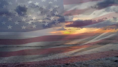 Zusammengesetztes-Video,-In-Dem-Die-Amerikanische-Flagge-Gegen-Strand-Und-Meereswellen-Schwenkt