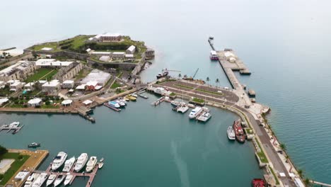 aerial view of tropical island harbour with prison looking stone fort