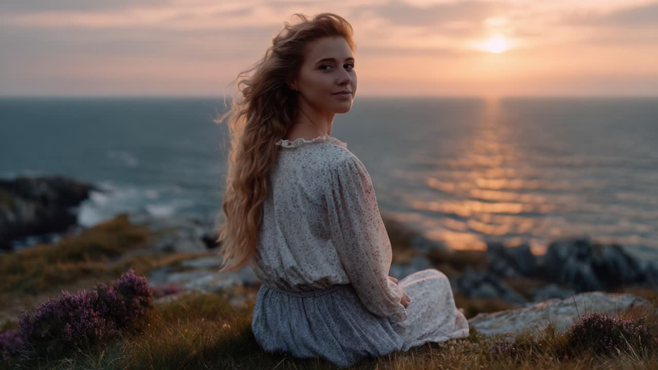 A Serene Sunset Moment: A Young Woman Observes the Tranquil Seascape from a Rocky Shore as the Sun Dips Below the Horizon, Creating a Golden Glow on the Water