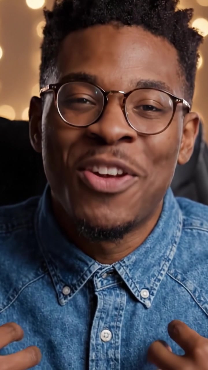 A cheerful young man expresses joy and warmth in a cozy, softly lit environment, showcasing his friendly personality through his engaging smile and inviting demeanor.