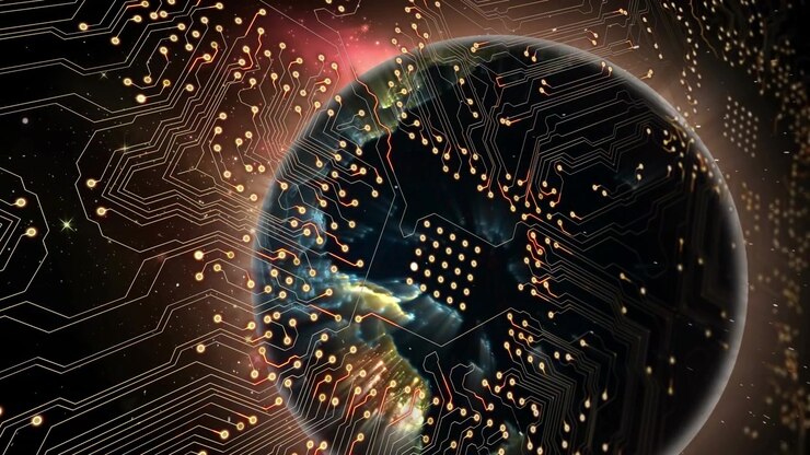 Digital animation of spinning globe against spot of light on black background