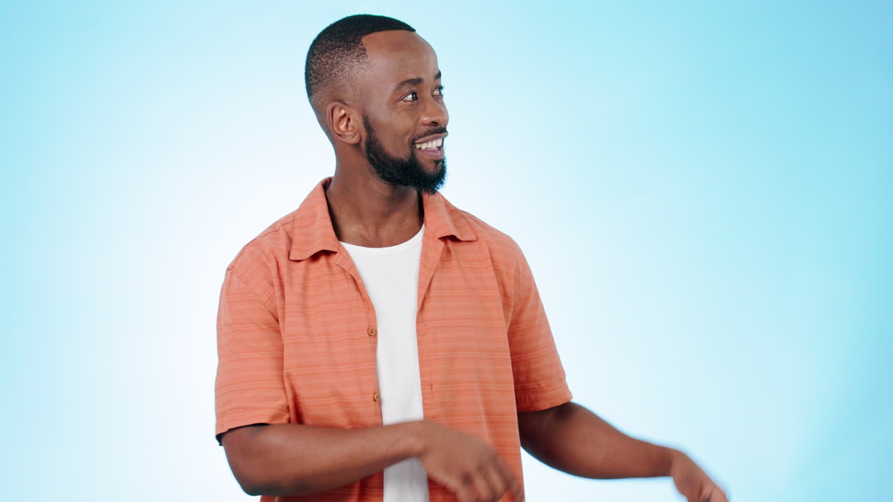Pointing, excited and face of black man on blue