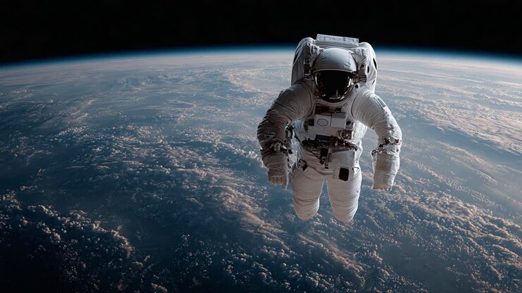 A lone astronaut drifts through the cosmos, capturing the breathtaking view of Earth from the vastness of space, embodying the spirit of exploration and human curiosity
