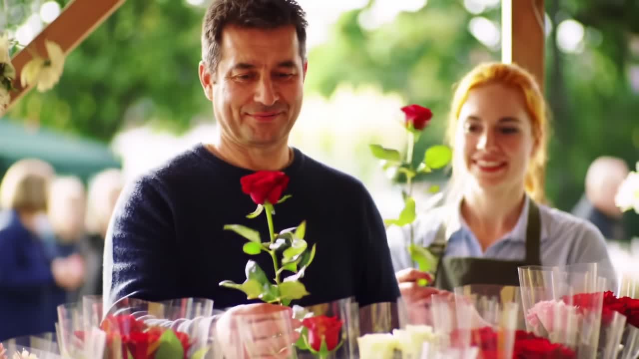 A Joyful Moment at the Flower Market: Man Selecting a Rose with a Smile While Engaging with a Vendor Surrounded by Beautiful Blossoms and Colorful Bouquets