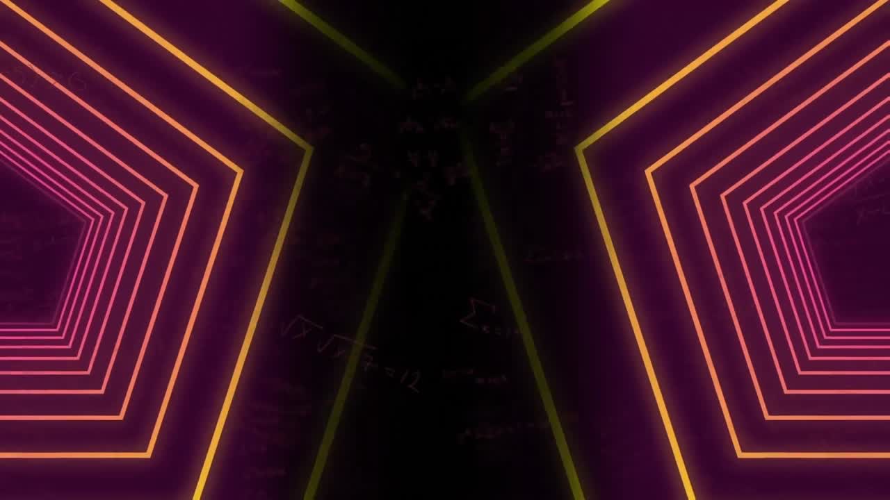 Animace osvětleného hexagonálního tunelu pohybujícího se přes matematické rovnice.