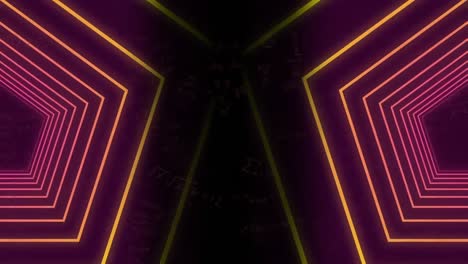 animation of illuminated hexagon tunnel moving over mathematics equations