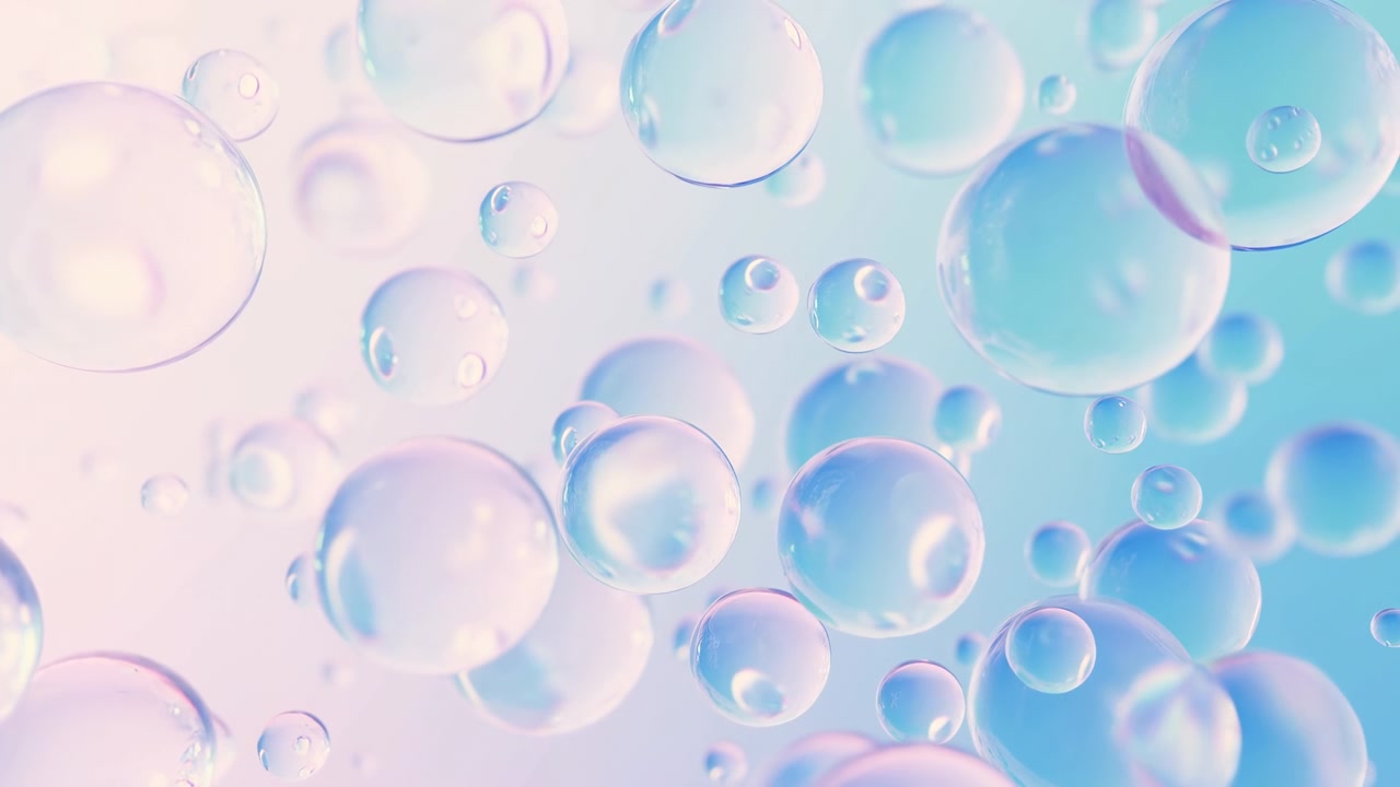 Pastel Bubbles Drift Across Soft Gradient, Translucent Spheres With Glossy Sheen Create Spa Inspired Palette