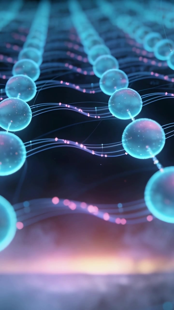 Vertical video: Camera panning, emphasizing depth, teal spheres with filaments, pink nodes, horizon