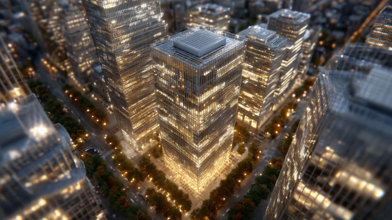 Aerial View of a Cityscape at Night Featuring Towering Skyscrapers with Illuminated Facades Highlighting Architectural Designs and Urban Landscape