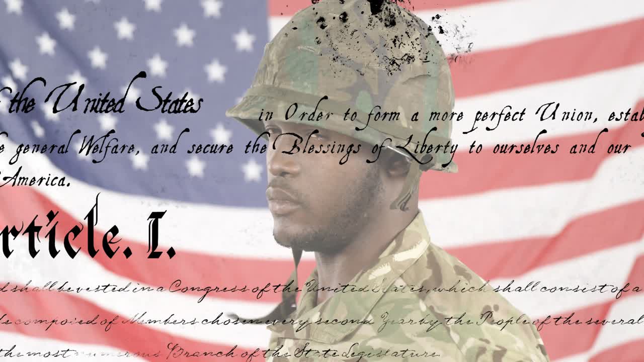 Military training soldier raising tightening helmet chinstrap before flag text shifting for drill