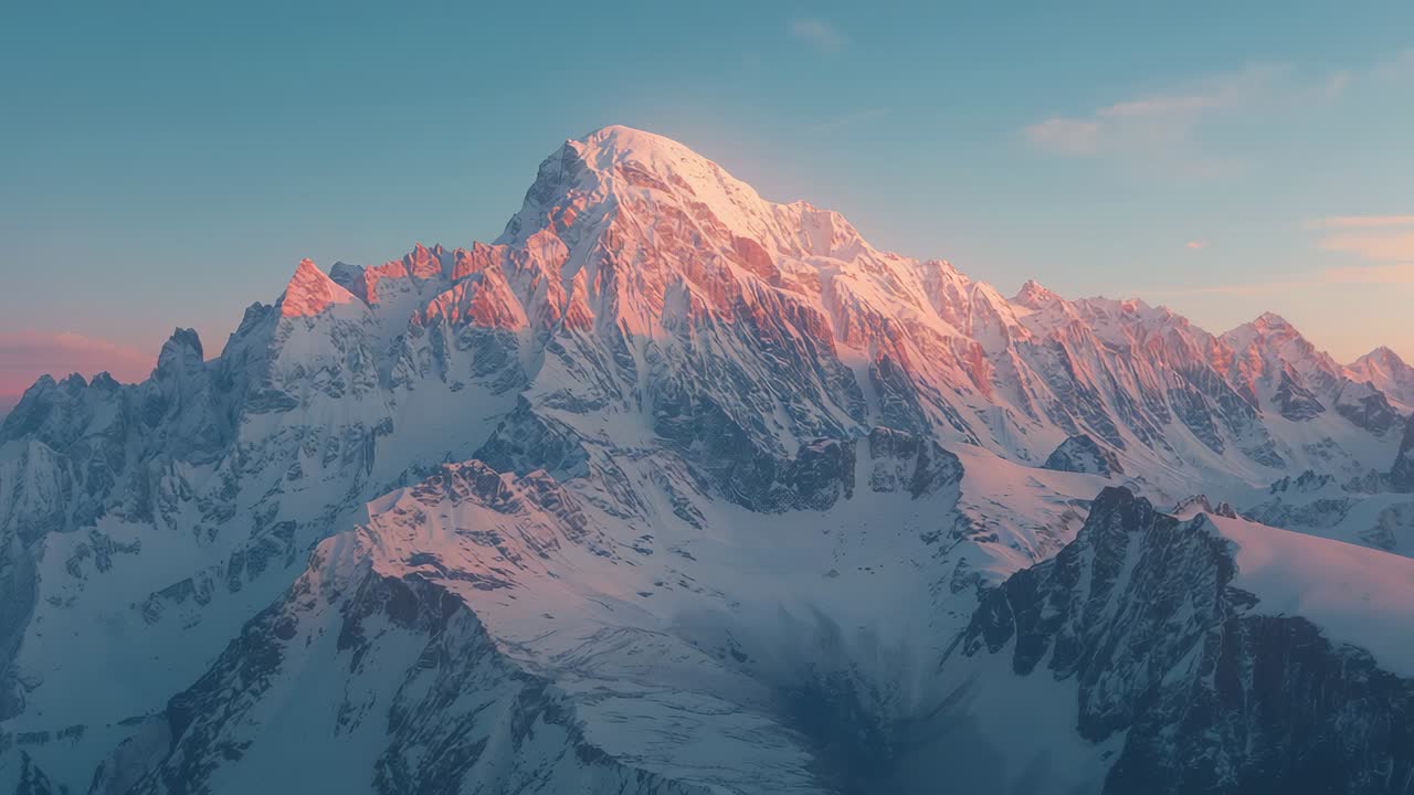 Snowy peak glowing over rocky ridges under intensifying dawn light with drifting clouds, blue sky