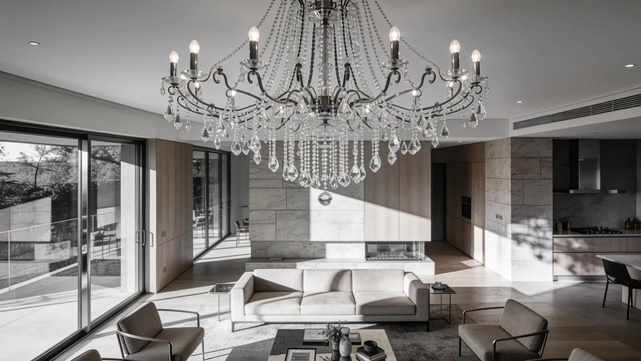 Pulling back camera revealing centered crystal chandelier in open-plan living area, showing details
