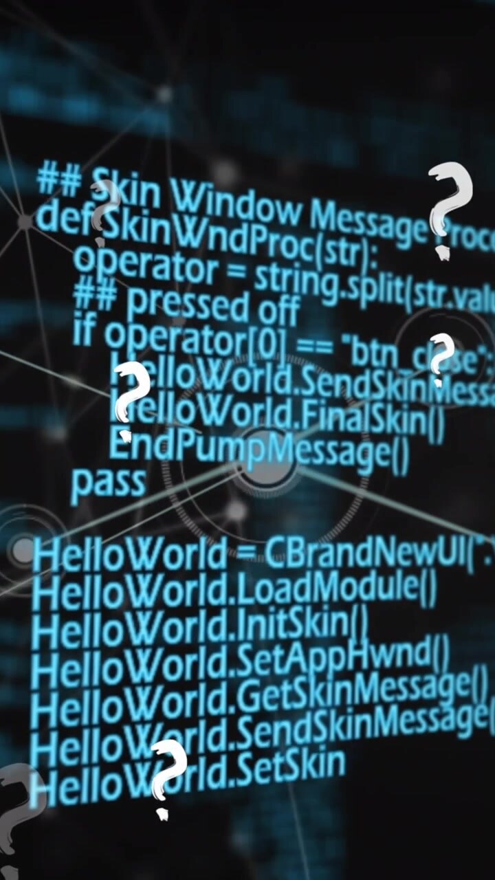 Animazione di icone a punto interrogativo su una rete di connessioni e elaborazione dati su sfondo nero