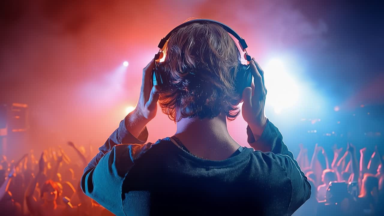 Le cuffie si illuminano con le luci del palco. Una persona è al centro, di fronte alla folla. Le mani regolano l'attrezzatura, gli occhi sono chiusi. L'energia pulsa tra il pubblico. Gli occhi si chiudono mentre la musica sale. Il DJ mixa il suono, perso nel ritmo.