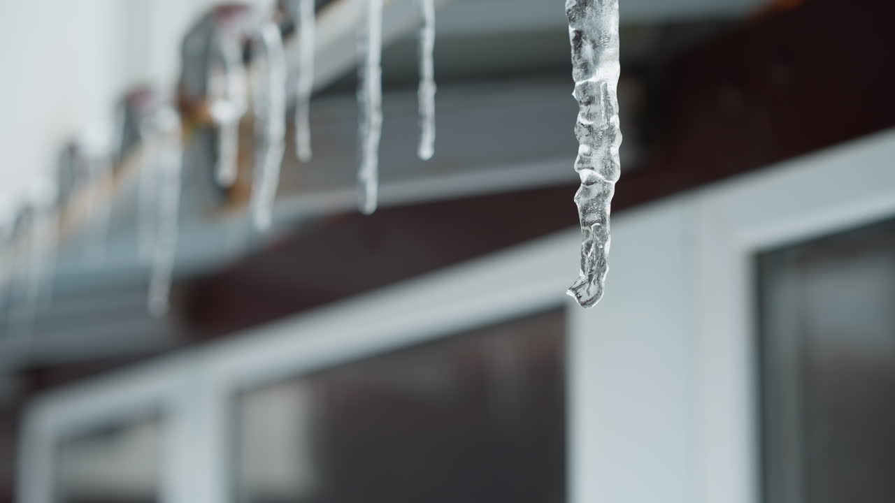 Close-up da borda de um telhado de metal com longos pingentes de gelo derretendo e água pingando, destacando detalhes congelados intrincados e gotas de água se formando contra um plano de fundo desfocado