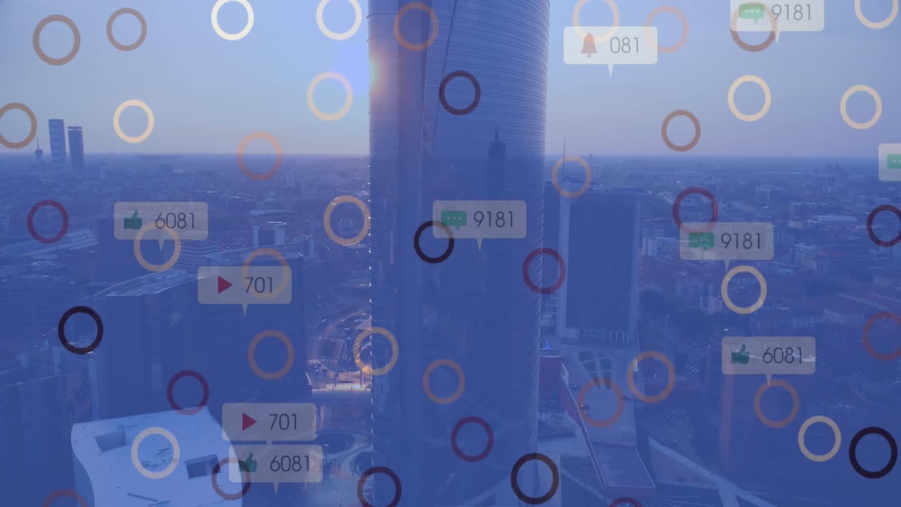 도시 풍경 위의 미디어 아이콘과 서클의 애니메이션