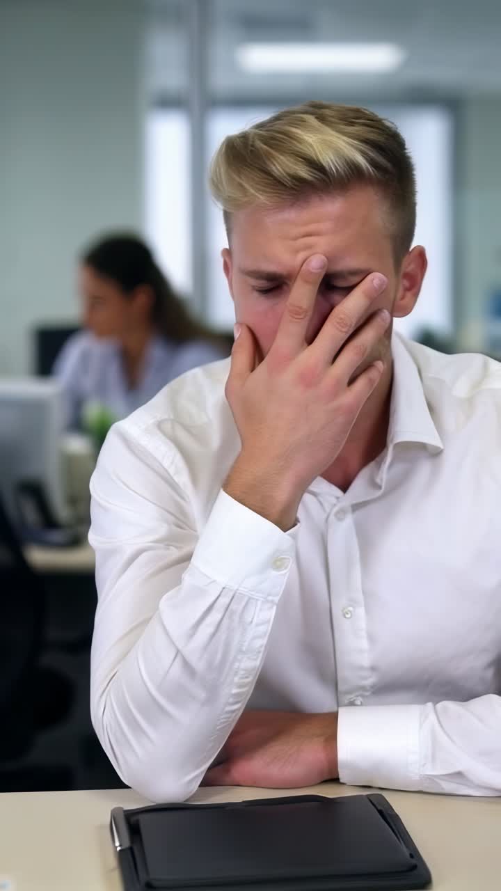 A businessman in a white shirt, sitting at his desk with a frustrated and exhausted expression.