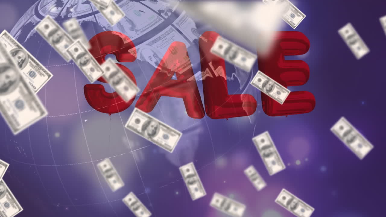 미국 달러 지폐가 판매 중인 텍스트 풍선이 보라색 바탕에 회전하는 지구에 떠다니고 있습니다.