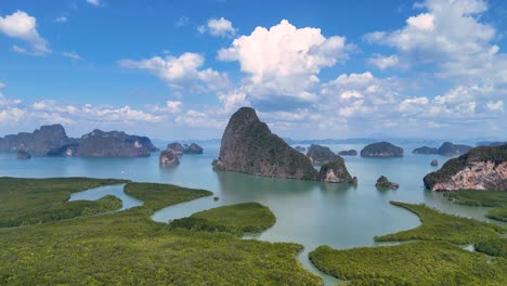 Drone footage captures the stunning limestone formations and lush greenery of Phang Nga Bay, Thailand, under a bright blue sky