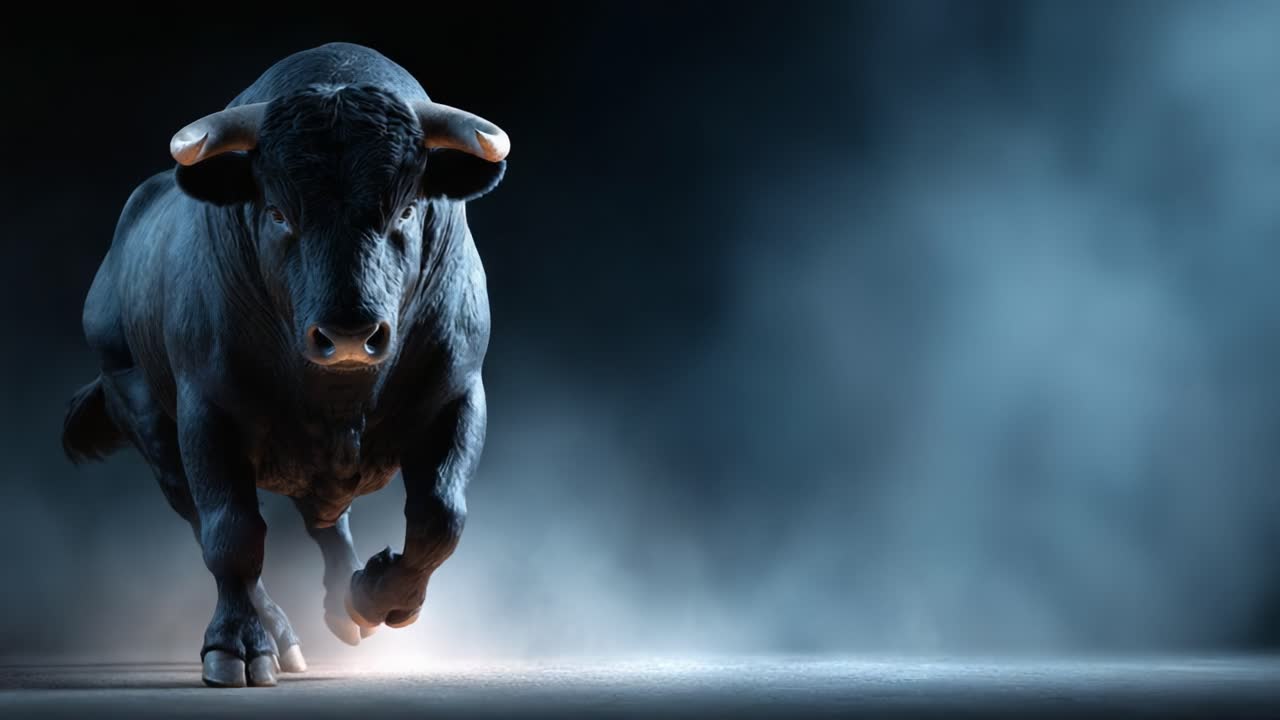 Seekor Banteng Kuat Menerjang Maju dengan Intensitas, Diabadikan dalam Pencahayaan Dramatis dengan Latar Belakang Berkabut, Menampilkan Kekuatan dan Dinamisme dalam Gerakan