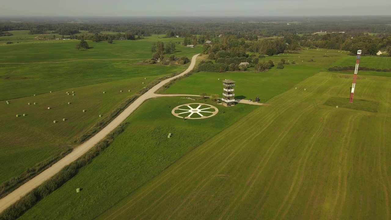 Vista aerea di un vasto prato agricolo verde catturata in pieno giorno. Il paesaggio vibrante presenta campi di erba rigogliosa e colture sotto un cielo sereno.