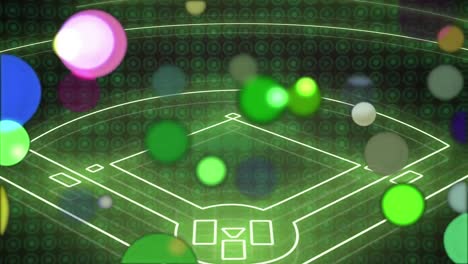 animation of neon green sports field and green, blue and pink spots