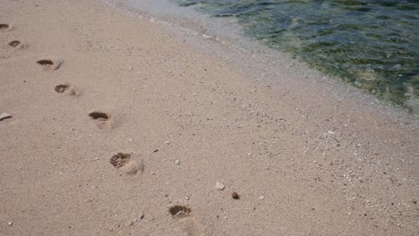 4K-Video-Von-Meereswellen,-Die-Mittags-über-Fußspuren-Auf-Nassem-Sand-Am-Strand-Rollen