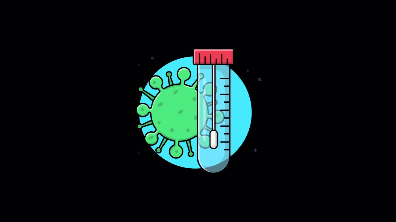 Illustrazione animata di virus e provetta per tampone.