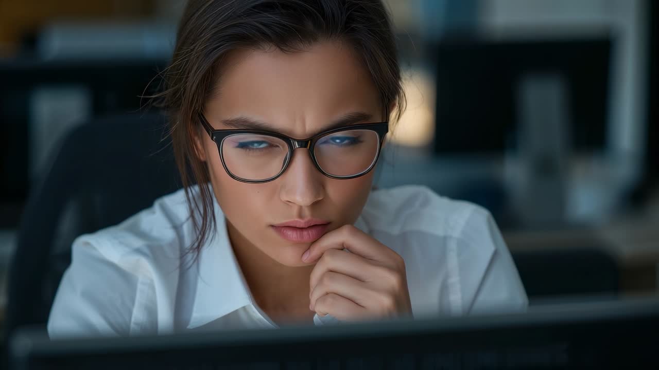 Studying woman wearing specs, shirt, resting chin, focusing on office monitor, screen glow drawing
