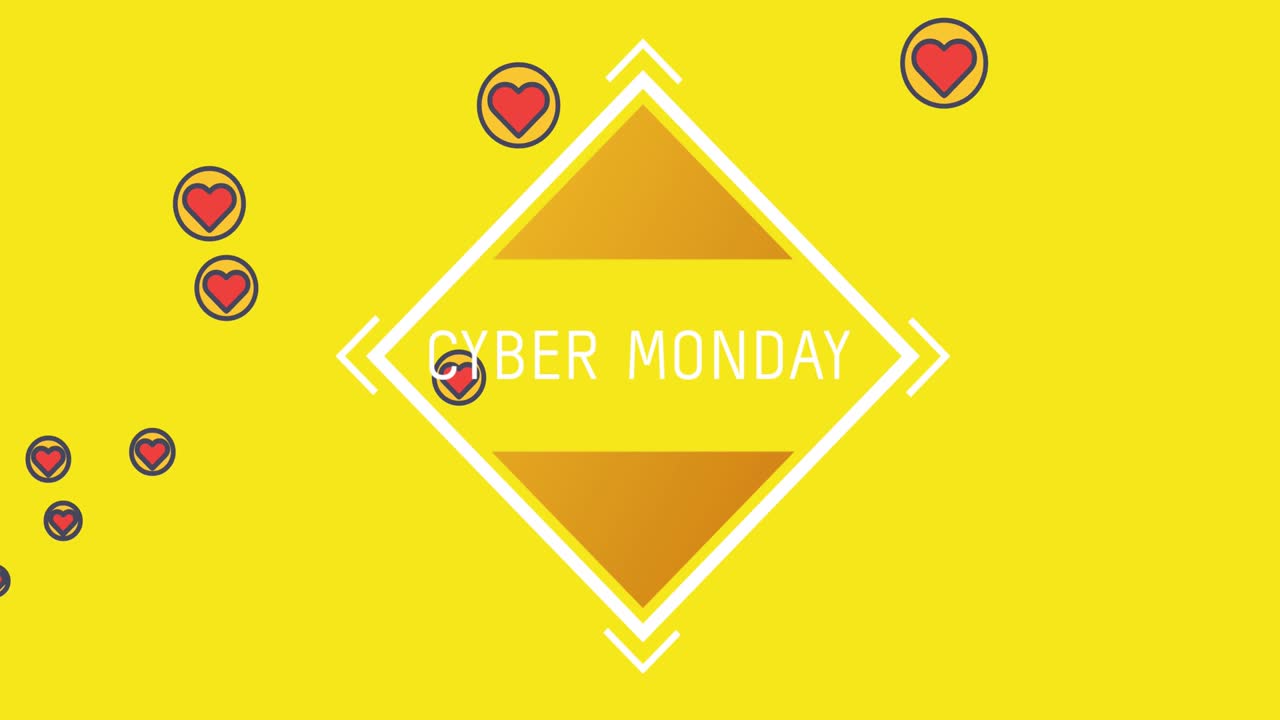 사이버 월요일 사각형 모양의 텍스트와 노란색 배경의 빨간색 심장 아이콘