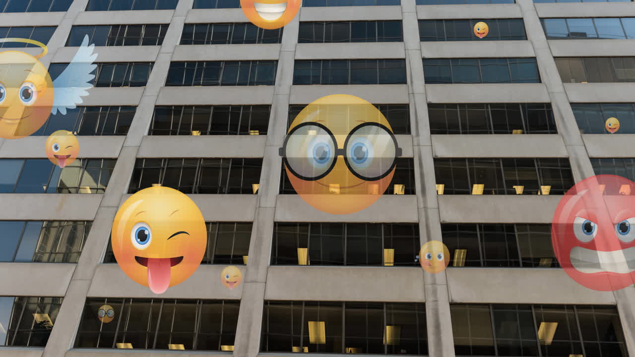 animación de iconos emoji volando sobre un edificio moderno