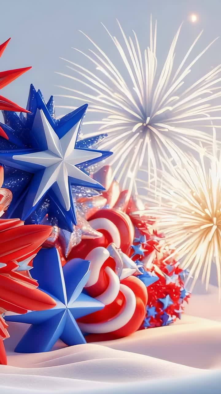 Vertical video: Bursting fireworks illuminating 3D stars catching glow as snowflakes drift on snow