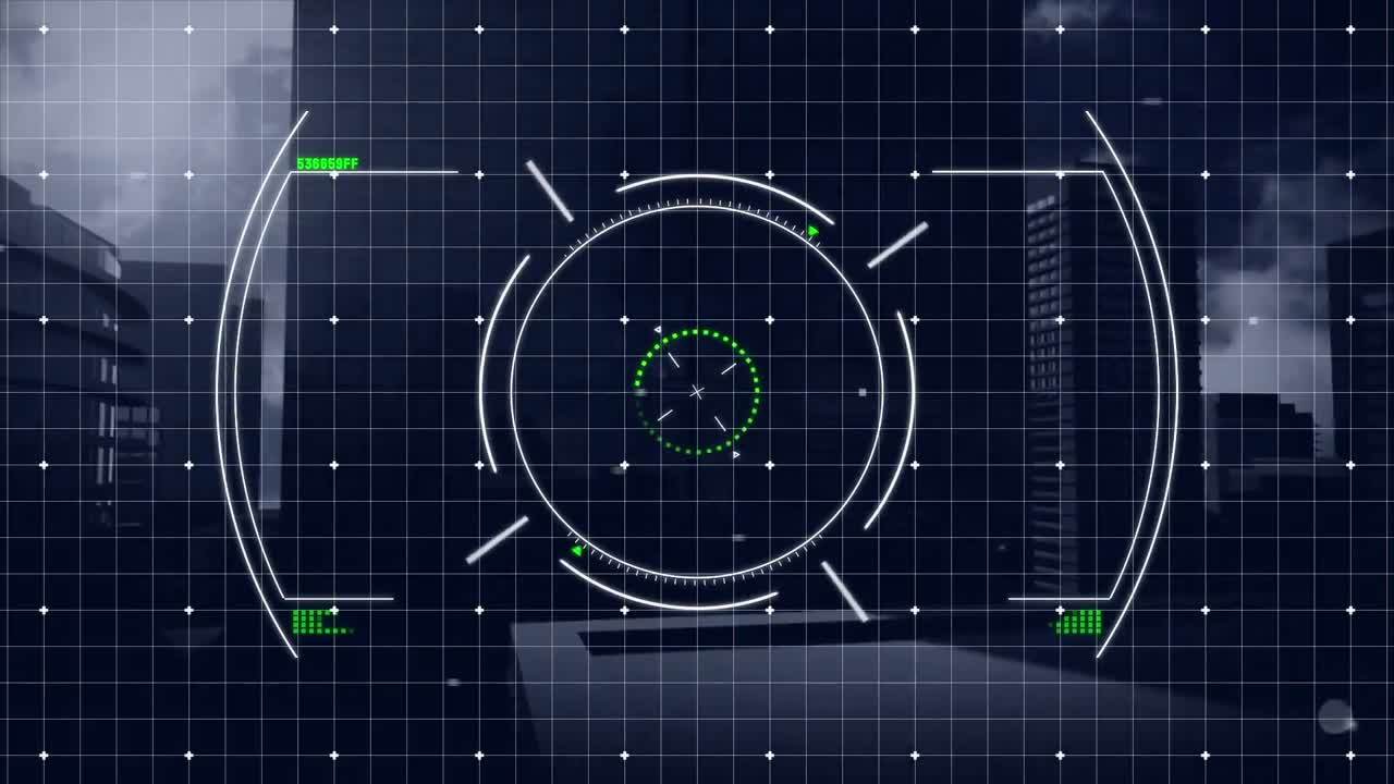 구름이 가득한 하늘을 배경으로 건물에 그리드 패턴을 형성하는 연결된 점 위의 원의 애니메이션