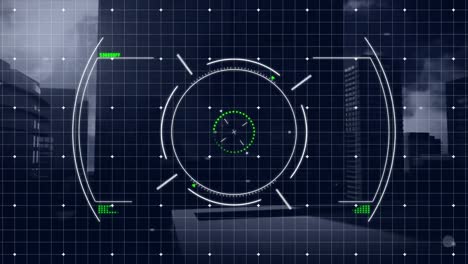 animación de círculos sobre puntos conectados que forman un patrón de cuadrícula en edificios contra un cielo nublado.