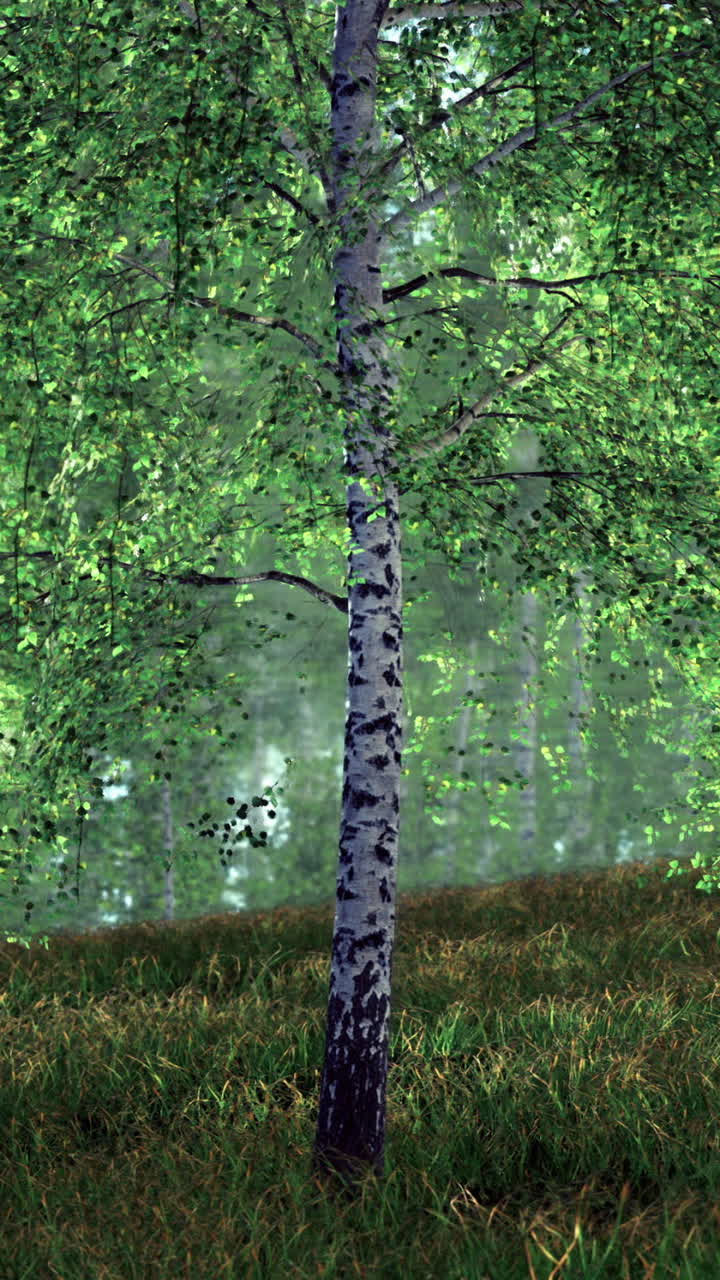 Sunlight filtering through vibrant birch trees in a serene forest glade