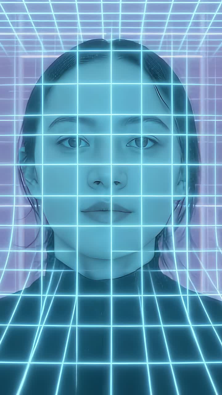 Vertical video: Lights shifting Asian woman in highneck top getting neon grid in set to show effect