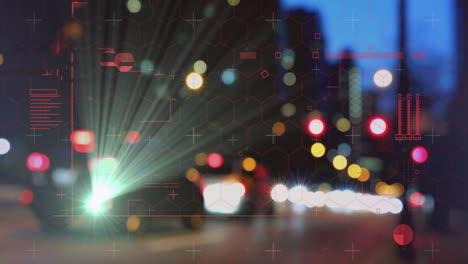 blurred city lights at night with geometric shapes and data overlay animation