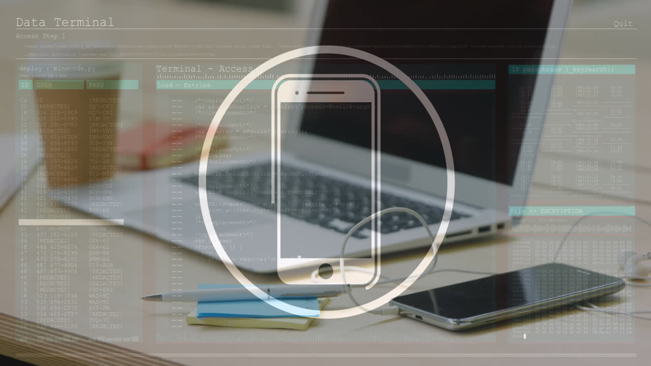 animación del icono del teléfono inteligente y procesamiento de datos contra el primer plano del equipo en la oficina.
