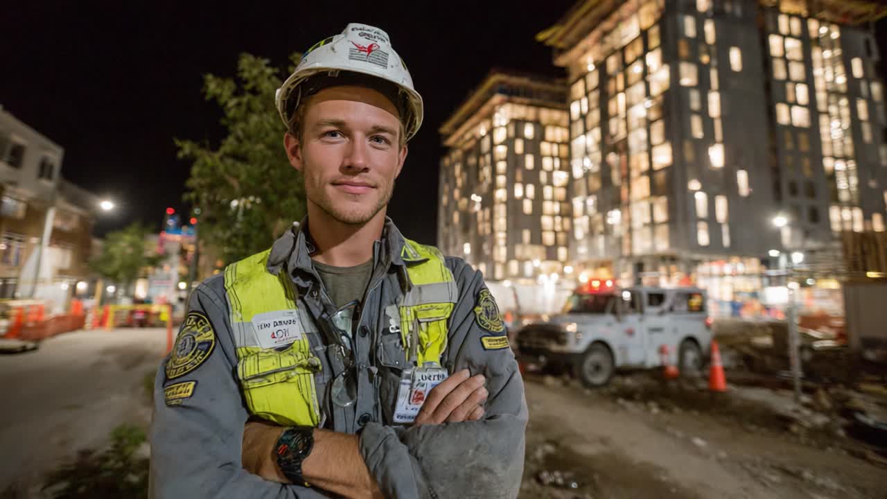 Un operaio edile posa con fierezza in un cantiere notturno, mostrando i progressi dei moderni sviluppi edilizi che lo circondano