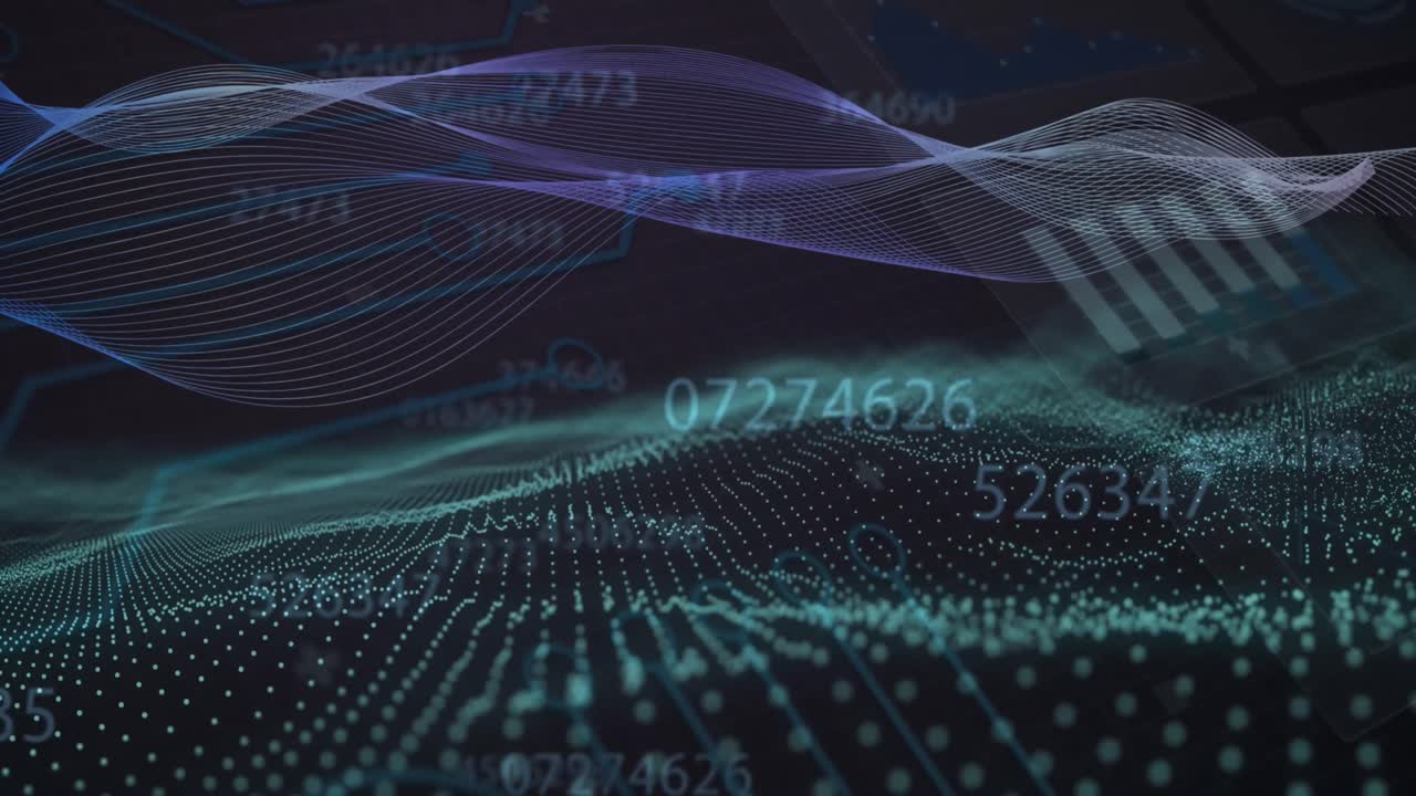 Animation of multiple changing numbers and statistical data processing against digital wave