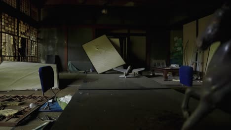 interior of ruined haunted mansion in japan, looking over decaying room