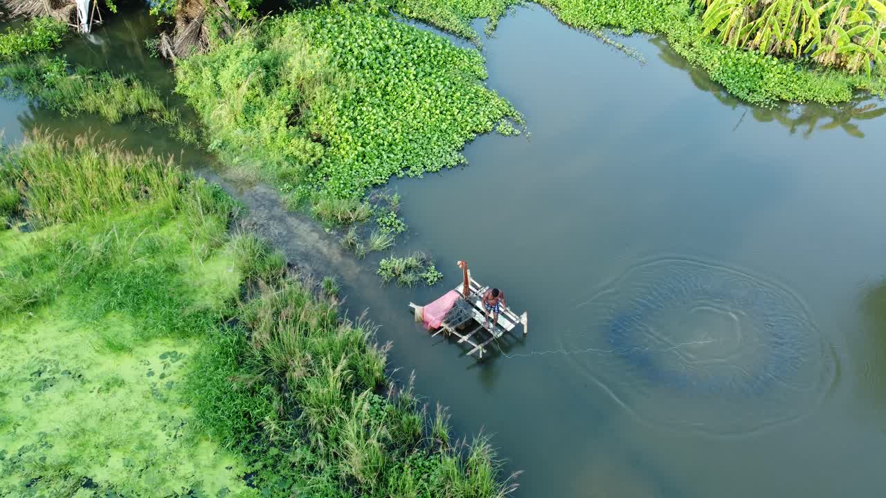 Aerial View of Traditional Fishing in Kerala Backwaters